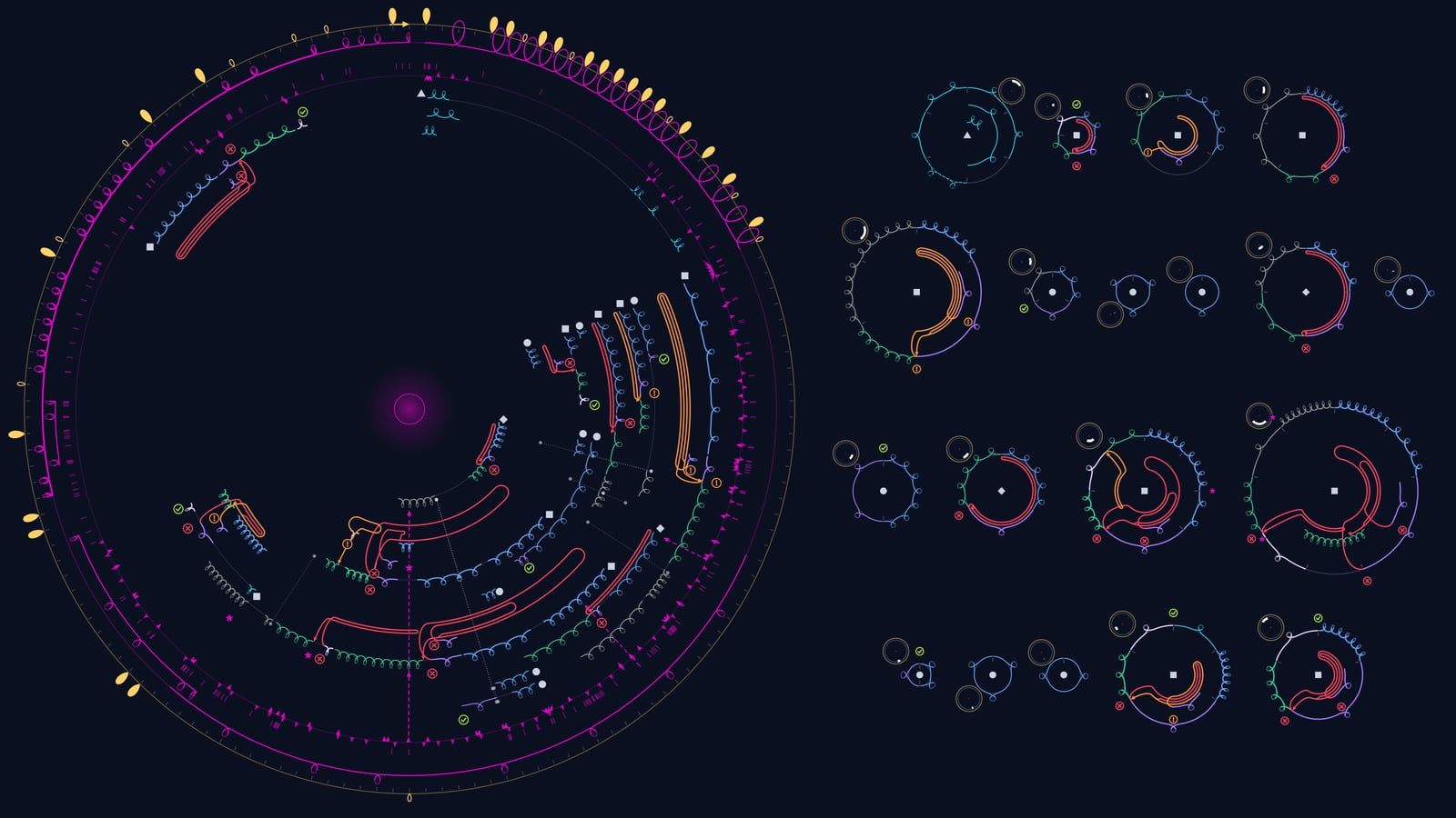 A concentric loop clock of one agent-driven software session on a deep navy plate. A large ring of magenta, blue, teal and orange loops and curls fills the left; a grid of smaller workstream loops sits on the right.